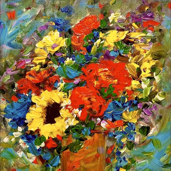 ORIGINAL ACRYLIC FLORAL TEXTURED PAINTING14 x 14 inch